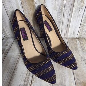 Yoki Womens Black Blue Gold Rhinestone Pointed Toe Stiletto Pumps Size 8